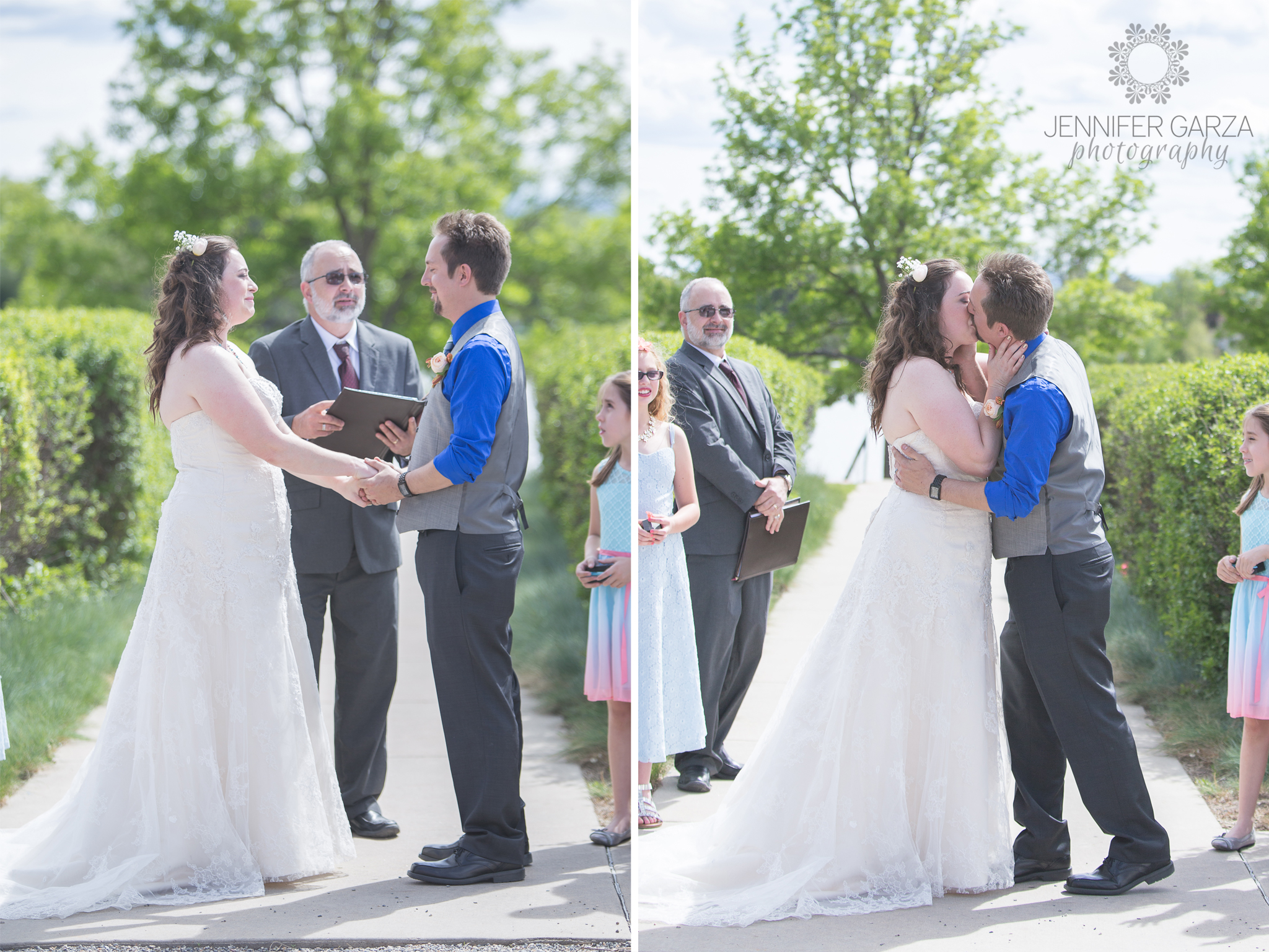 Bride & Groom's first kiss during a summer wedding ceremony in the park. Rachael & Wes' Wash Park and Irish Rover Pub Denver Wedding by Colorado Wedding Photographer, Jennifer Garza. Colorado Wedding Photographer, Denver Wedding Photographer, Colorado Wedding Photos, Denver Wedding Photos, Colorado Bride, Denver Bride, Wash Park Wedding, Wash Park, Irish Rover Pub, Irish Rover Pub Wedding, Pub Wedding, Park Wedding