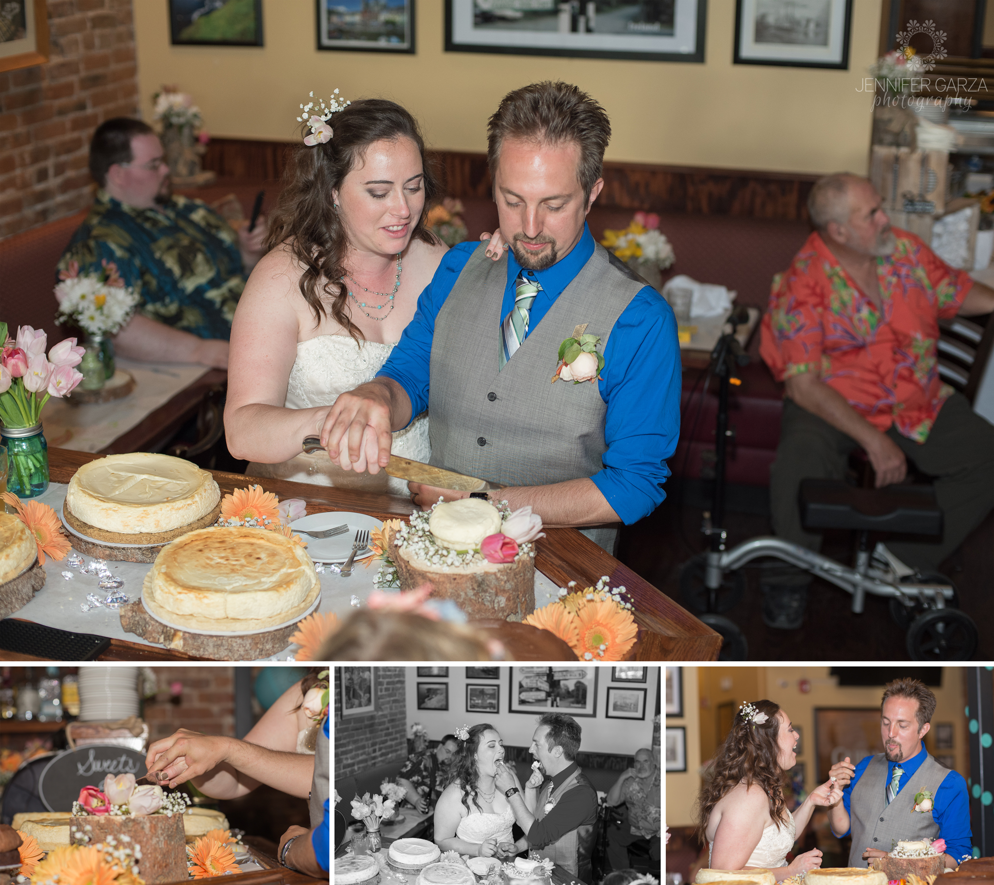 Bride & Groom cutting their wedding cheesecake during a summer wedding at a pub. Rachael & Wes' Wash Park and Irish Rover Pub Denver Wedding by Colorado Wedding Photographer, Jennifer Garza. Colorado Wedding Photographer, Denver Wedding Photographer, Colorado Wedding Photos, Denver Wedding Photos, Colorado Bride, Denver Bride, Wash Park Wedding, Wash Park, Irish Rover Pub, Irish Rover Pub Wedding, Pub Wedding, Park Wedding