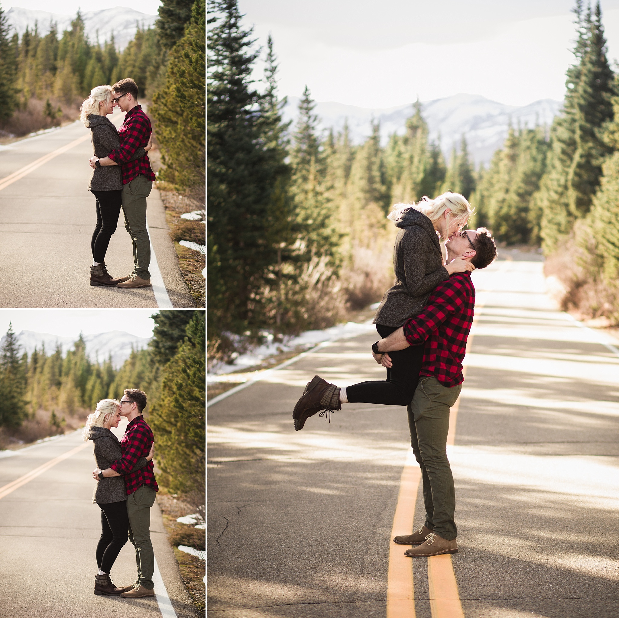 Man lifting his fiancé on a mountain road at sunset during their engagement session. Amy & Jonathan’s Brainard Lake Winter Engagement Session by Colorado Engagement Photographer, Jennifer Garza. Colorado Engagement Photographer, Colorado Engagement Photography, Brainard Lake Engagement Session, Brainard Lake Engagement Photos, Mountain Engagement Session, Colorado Winter Engagement Photos, Winter Engagement Photography, Mountain Engagement Photographer, Colorado Wedding, Colorado Bride