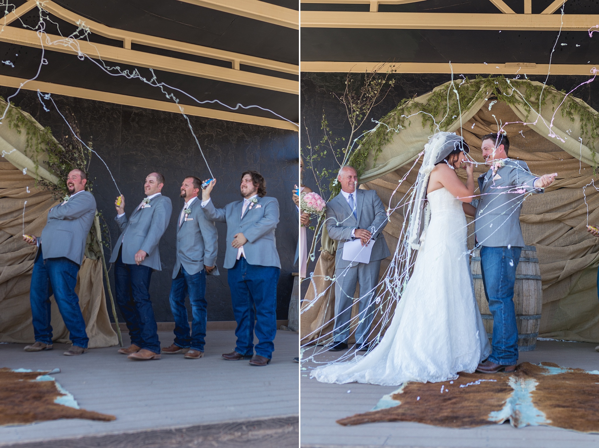 Bride & Groom being sprayed with silly string. Katie & Jake’s Castle Rock Wedding at the Douglas County Fairgrounds by Colorado Wedding Photographer, Jennifer Garza. Colorado Wedding Photographer, Colorado Wedding Photography, Douglas County Fairgrounds Wedding Photography, Castle Rock Wedding Photography, Castle Rock Wedding Photographer, Colorado Wedding Photography, Colorado Wedding Photographer, Colorado Wedding, Rustic Wedding, Colorado Bride, Rocky Mountain Bride