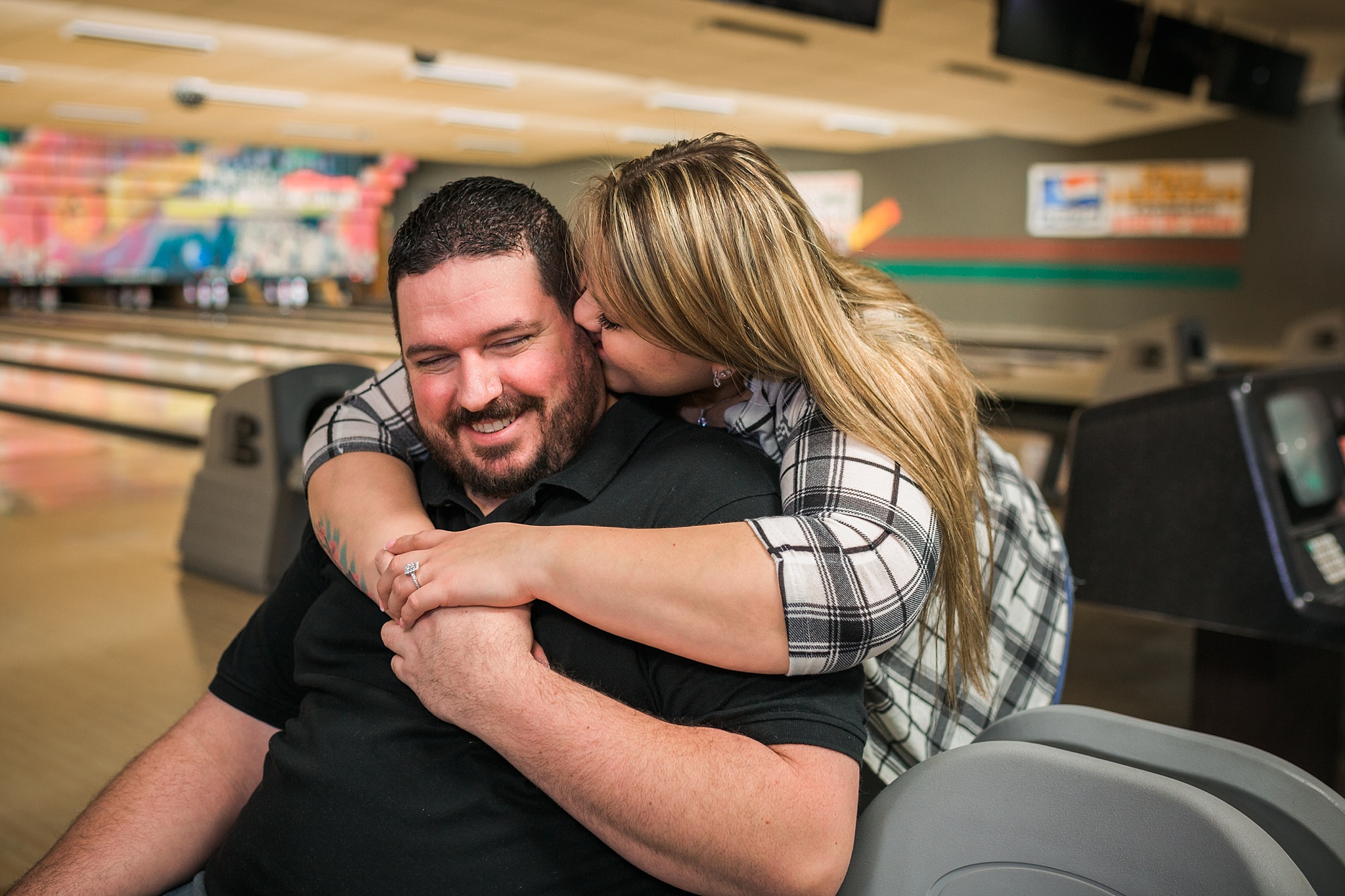 Couple kissing during their bowling alley engagement session. Briana & Kevin’s Devil’s Backbone and Sweetheart Lanes Engagement Session by Colorado Engagement Photographer, Jennifer Garza. Devil's Backbone Engagement, Devil's Backbone Engagement Session, Loveland Engagement Session, Colorado Engagement Photography, Colorado Engagement Photos, Sweetheart Lanes Bowling Alley, Bowling Alley Engagement, Bowling Engagement Session, Bowling Engagement Photography, Wedding Inspo, Colorado Wedding, Colorado Bride, Brides of Colorado, Bride to Be, Couples Goals