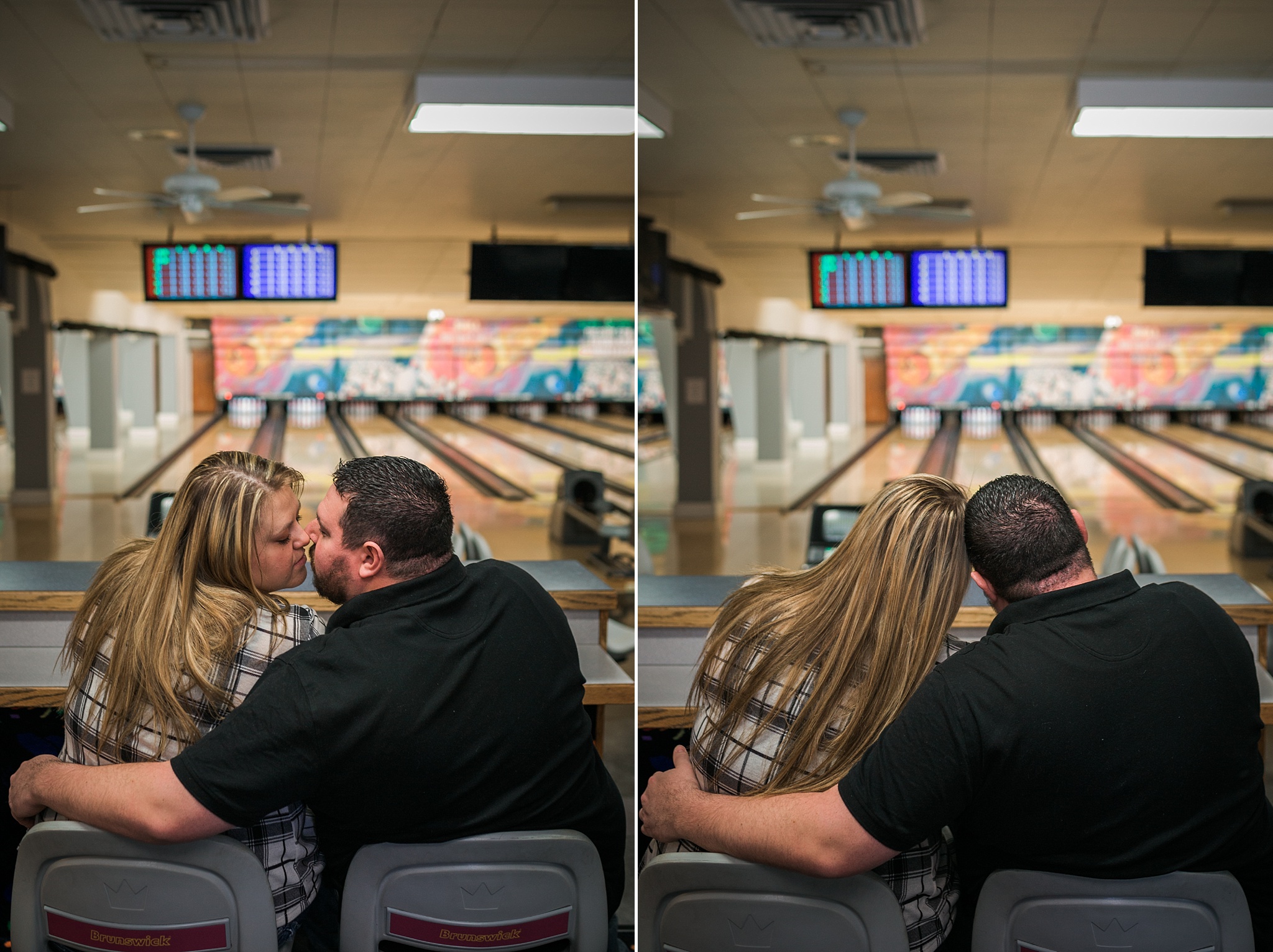 Couple kissing during their bowling alley engagement session. Briana & Kevin’s Devil’s Backbone and Sweetheart Lanes Engagement Session by Colorado Engagement Photographer, Jennifer Garza. Devil's Backbone Engagement, Devil's Backbone Engagement Session, Loveland Engagement Session, Colorado Engagement Photography, Colorado Engagement Photos, Sweetheart Lanes Bowling Alley, Bowling Alley Engagement, Bowling Engagement Session, Bowling Engagement Photography, Wedding Inspo, Colorado Wedding, Colorado Bride, Brides of Colorado, Bride to Be, Couples Goals