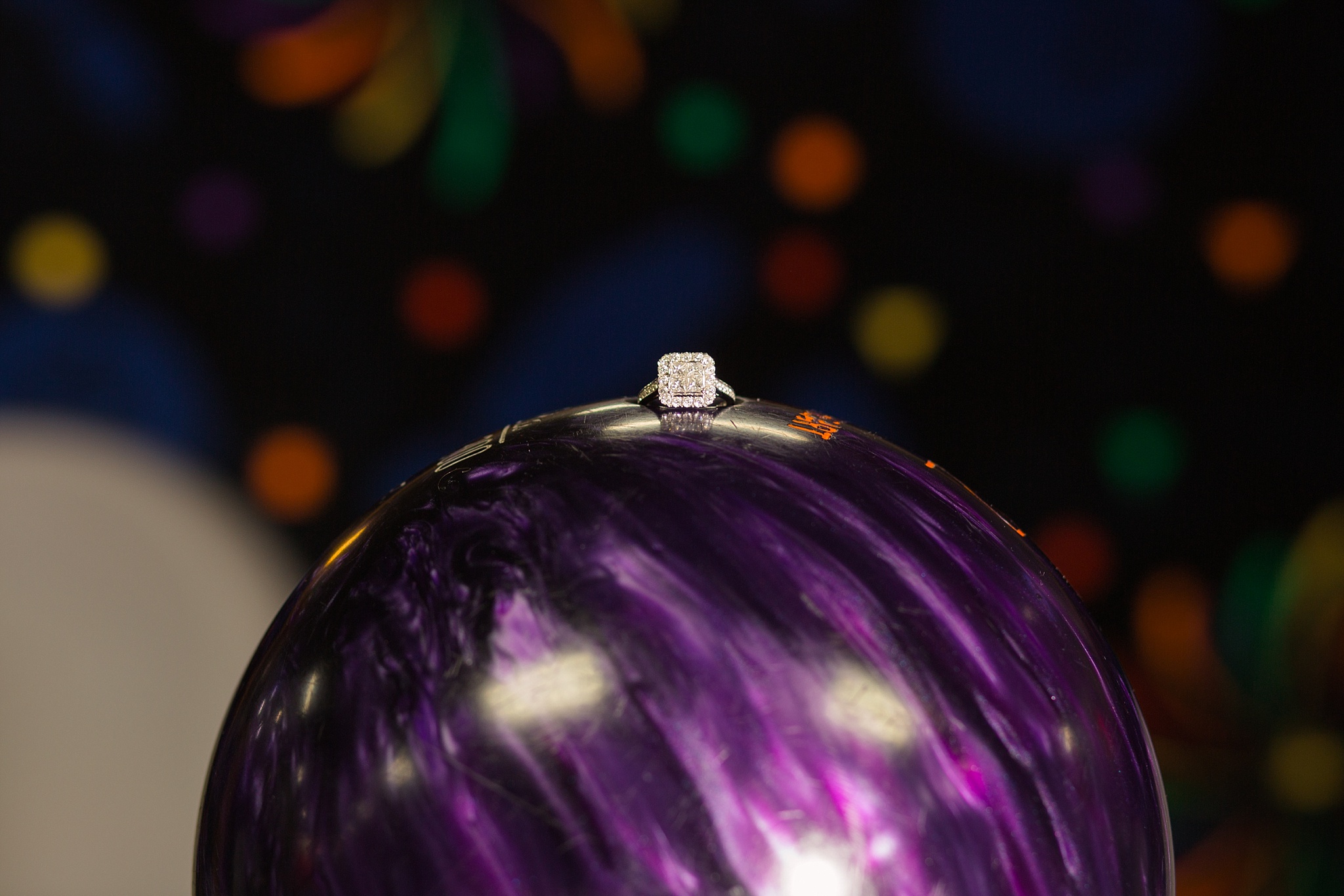 Beautiful engagement ring on top of a bowling ball. Briana & Kevin’s Devil’s Backbone and Sweetheart Lanes Engagement Session by Colorado Engagement Photographer, Jennifer Garza. Devil's Backbone Engagement, Devil's Backbone Engagement Session, Loveland Engagement Session, Colorado Engagement Photography, Colorado Engagement Photos, Sweetheart Lanes Bowling Alley, Bowling Alley Engagement, Bowling Engagement Session, Bowling Engagement Photography, Wedding Inspo, Colorado Wedding, Colorado Bride, Brides of Colorado, Bride to Be, Couples Goals