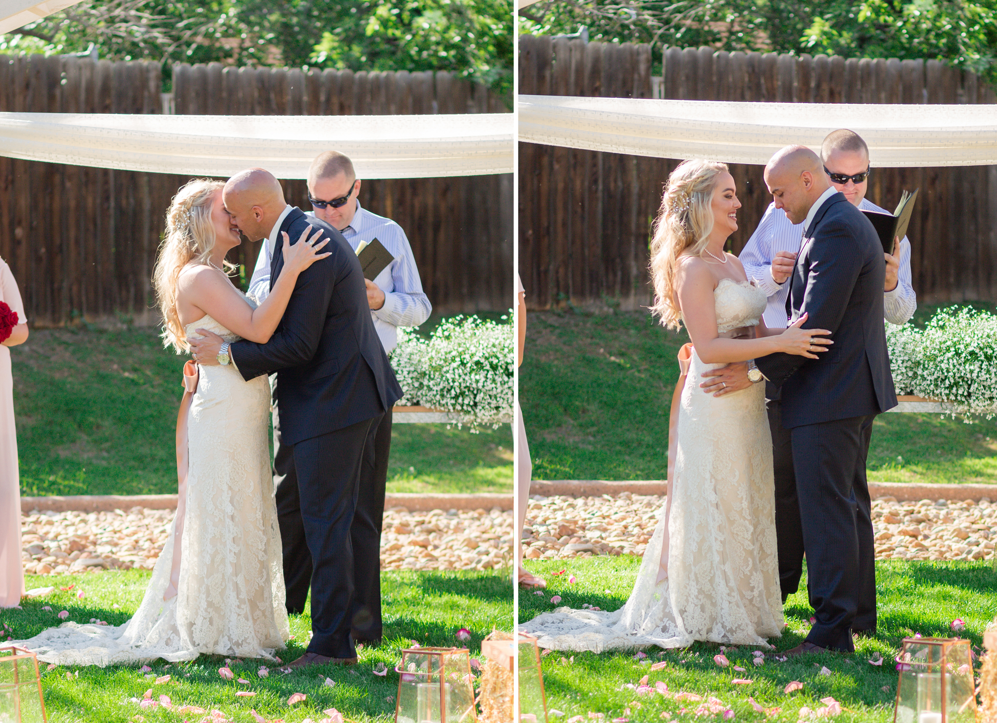 Bride and Groom’s first kiss during their wedding ceremony. Kyley & Brian's Boulder Backyard Wedding and The Mediterranean Restaurant Reception by Colorado Wedding Photographer, Jennifer Garza. Colorado Wedding Photographer, Colorado Wedding Photography, Colorado Top Wedding Photographer, Boulder Wedding Photographer, Boulder Wedding, Backyard Wedding Photographer, Backyard Wedding, The Mediterranean Restaurant, The Med, The Med Reception, Intimate Wedding, Small Intimate Wedding, Rocky Mountain Wedding, Rocky Mountain Bride, Colorado Bride, Here Comes the Bride, Couples Goals, Brides of Colorado