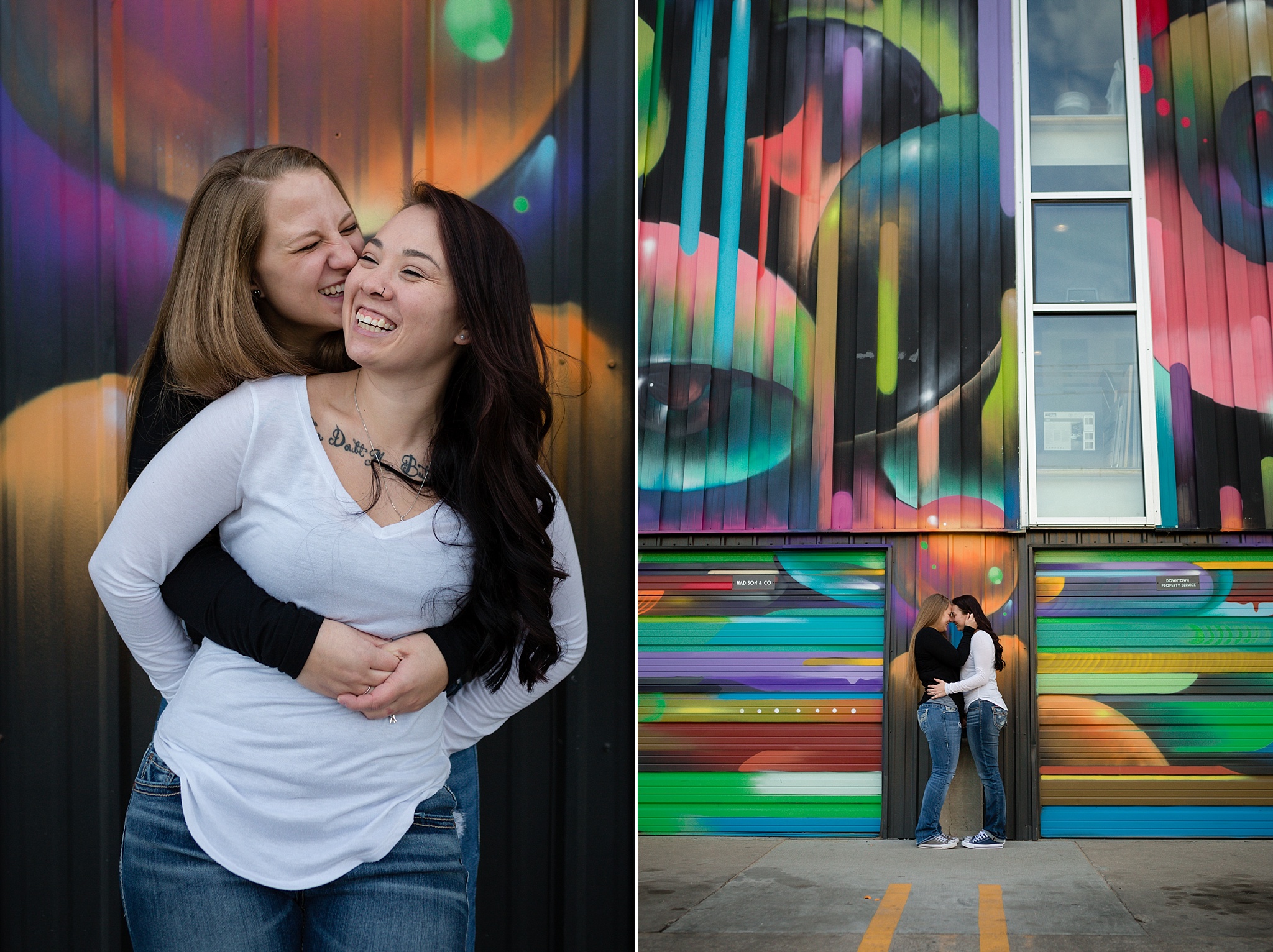 Couple standing in front of a colorful mural. Jessica & Caity’s Same-Sex Engagement Session at 10 Barrel Brewery & RiNo District by Colorado Engagement Photographer, Jennifer Garza. 10 Barrel Brewery Engagement, Brewery Engagement Photos, RiNo District Engagement Photos, RiNo District, RiNo Engagement Photography, Denver Engagement Photography, Denver Engagement, Colorado Engagement Photography, Urban Engagement Photos, Same-Sex Engagement Photography, Same-Sex Engagement Photos, Same-Sex Marriage, Love is Love, LGBTQ