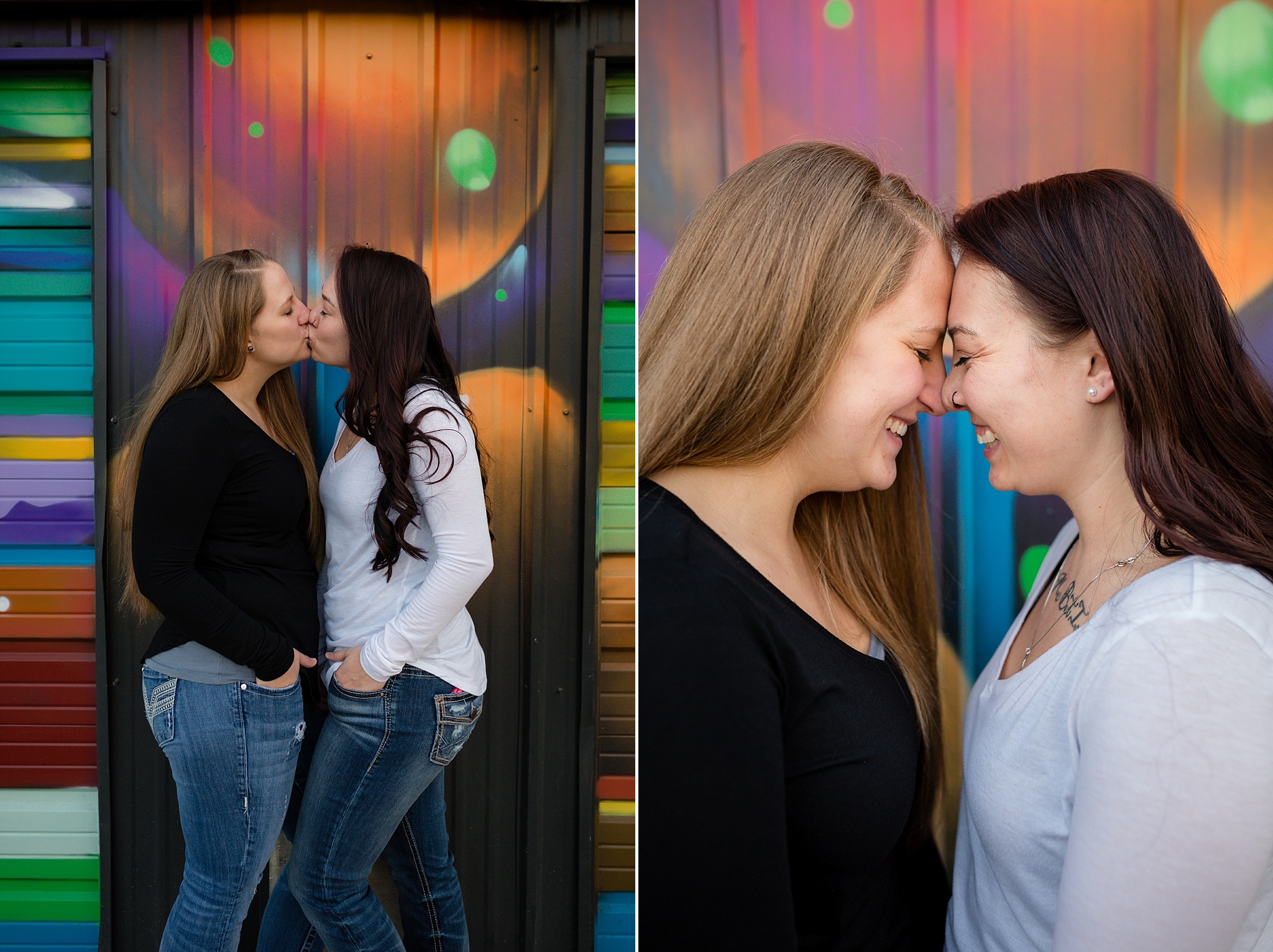 Couple standing in front of a colorful mural. Jessica & Caity’s Same-Sex Engagement Session at 10 Barrel Brewery & RiNo District by Colorado Engagement Photographer, Jennifer Garza. 10 Barrel Brewery Engagement, Brewery Engagement Photos, RiNo District Engagement Photos, RiNo District, RiNo Engagement Photography, Denver Engagement Photography, Denver Engagement, Colorado Engagement Photography, Urban Engagement Photos, Same-Sex Engagement Photography, Same-Sex Engagement Photos, Same-Sex Marriage, Love is Love, LGBTQ