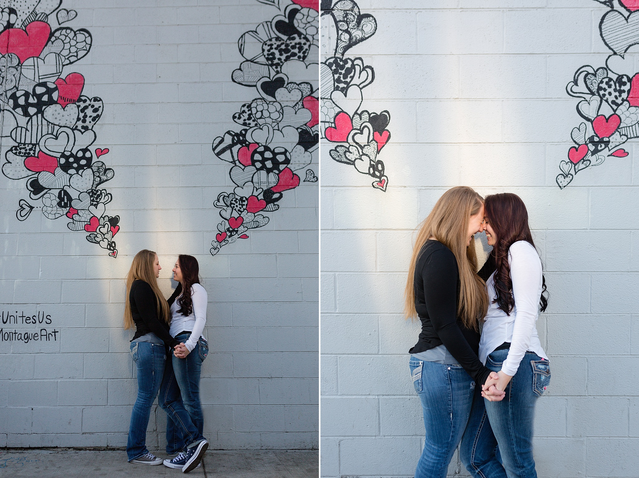 Same-sex couple standing in front of a heart mural. Jessica & Caity’s Same-Sex Engagement Session at 10 Barrel Brewery & RiNo District by Colorado Engagement Photographer, Jennifer Garza. 10 Barrel Brewery Engagement, Brewery Engagement Photos, RiNo District Engagement Photos, RiNo District, RiNo Engagement Photography, Denver Engagement Photography, Denver Engagement, Colorado Engagement Photography, Urban Engagement Photos, Same-Sex Engagement Photography, Same-Sex Engagement Photos, Same-Sex Marriage, Love is Love, LGBTQ