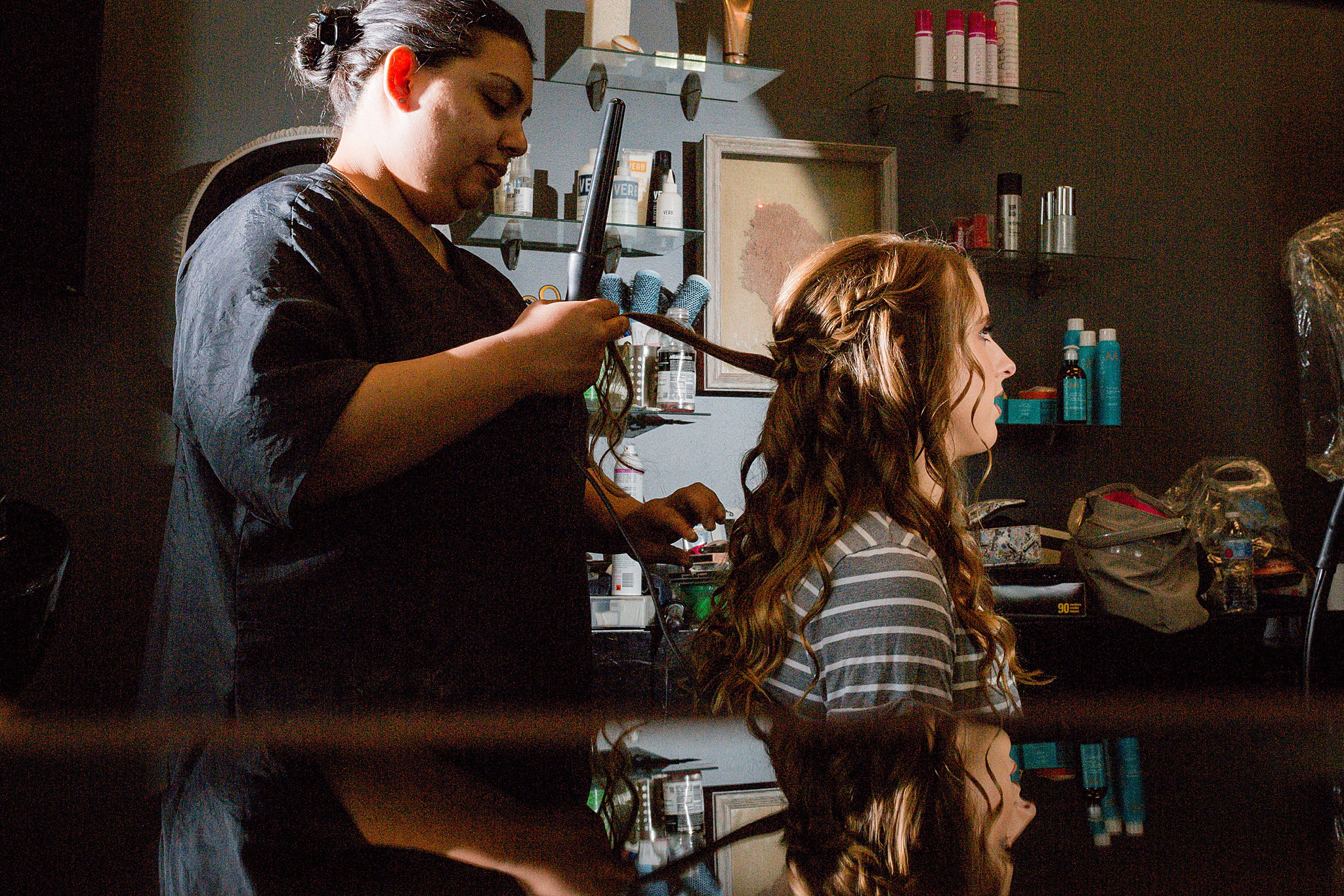 Bridesmaid getting ready at a salon. Tania & Chris' Denver Wedding at the Wedgewood Ken Caryl by Colorado Wedding Photography, Jennifer Garza. Colorado Wedding Photographer, Colorado Wedding Photography, Denver Wedding Photographer, Denver Wedding Photography, US Marine Corp Wedding, US Marine Corp, Military Wedding, US Marines, Wedgewood Weddings, Wedgewood Weddings Ken Caryl, Colorado Wedding, Denver Wedding, Wedding Photographer, Colorado Bride, Brides of Colorado