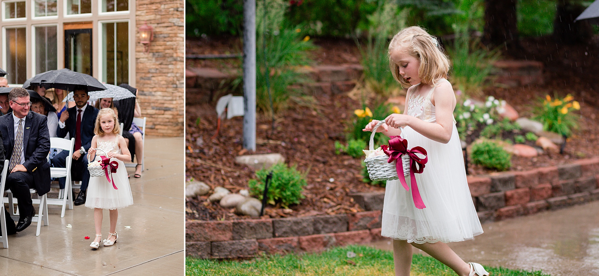 Flower girl walking down the aisle at a rainy summer wedding. Tania & Chris' Denver Wedding at the Wedgewood Ken Caryl by Colorado Wedding Photography, Jennifer Garza. Colorado Wedding Photographer, Colorado Wedding Photography, Denver Wedding Photographer, Denver Wedding Photography, US Marine Corp Wedding, US Marine Corp, Military Wedding, US Marines, Wedgewood Weddings, Wedgewood Weddings Ken Caryl, Colorado Wedding, Denver Wedding, Wedding Photographer, Colorado Bride, Brides of Colorado