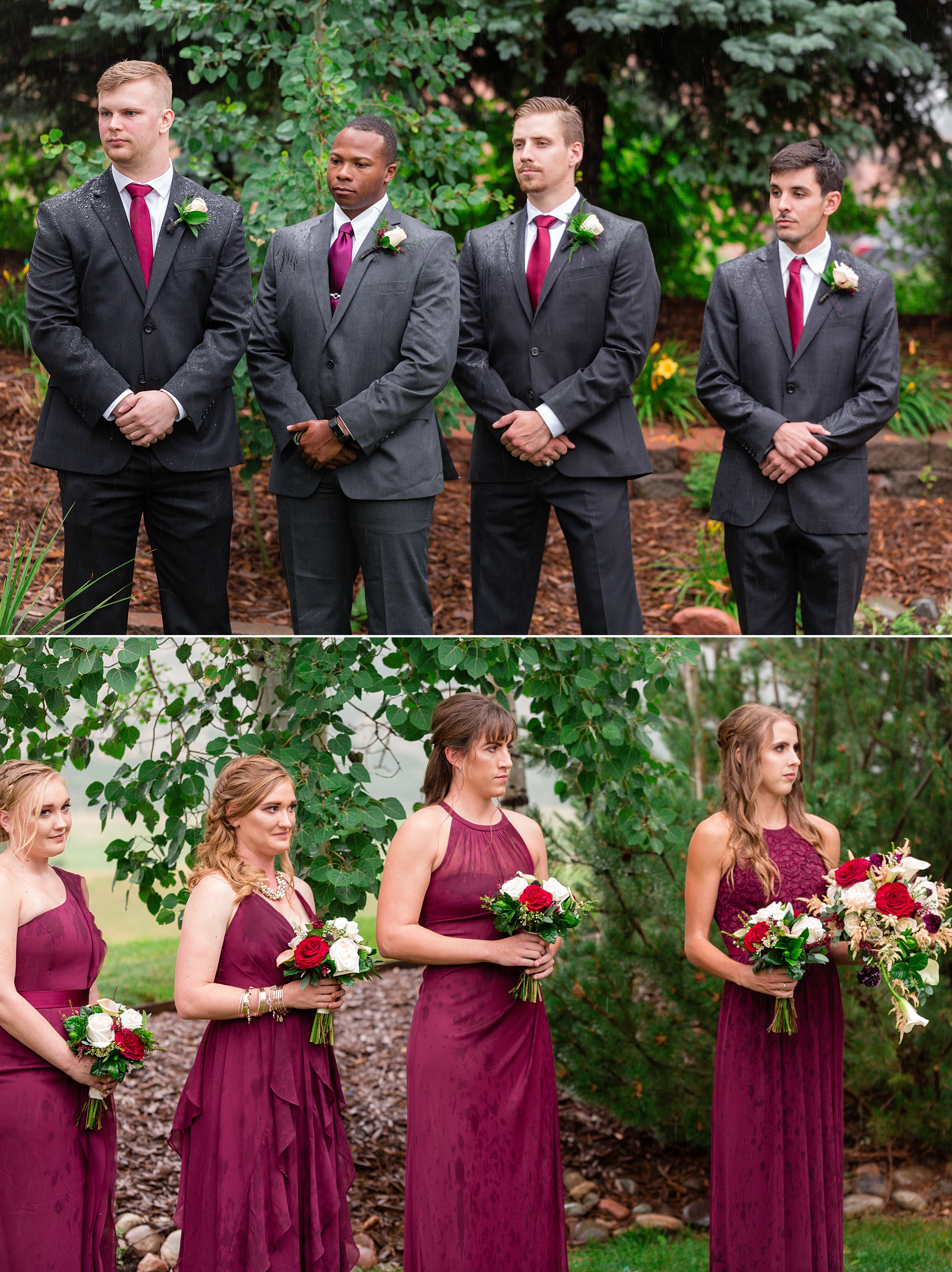 Bridal party standing up during a rainy summer wedding. Tania & Chris' Denver Wedding at the Wedgewood Ken Caryl by Colorado Wedding Photography, Jennifer Garza. Colorado Wedding Photographer, Colorado Wedding Photography, Denver Wedding Photographer, Denver Wedding Photography, US Marine Corp Wedding, US Marine Corp, Military Wedding, US Marines, Wedgewood Weddings, Wedgewood Weddings Ken Caryl, Colorado Wedding, Denver Wedding, Wedding Photographer, Colorado Bride, Brides of Colorado