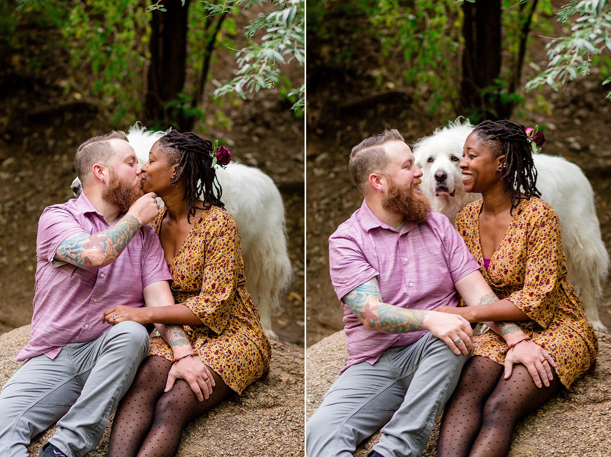 Latrice & Drew's Bear Creek Dog Park & Colorado Springs Engagement Session by Colorado Engagement Photographer, Jennifer Garza. Colorado Engagement Photographer, Colorado Engagement Photography, Colorado Springs Engagement Photographer, Colorado Springs Engagement, Bear Creek Dog Park, Dog Engagement Photos, Dog Park Engagement Session, Engagement Photos, Wedding Inspo, Couples Goals, Rocky Mountain Bride, Colorado Bride