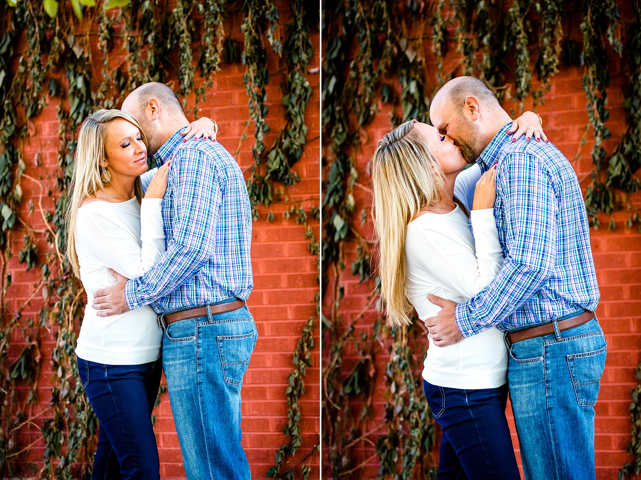 Couple kissing in front of an ivy covered, red brick wall Colorado during their engagement session. Kelli & Jason’s Sweet Cow Ice Cream and Davidson Mesa Fall Engagement Session by Colorado Engagement Photographer, Jennifer Garza. Colorado Engagement Photographer, Colorado Engagement Photography, Sweet Cow Engagement Session, Davidson Mesa Engagement Session, Colorado Fall Engagement Photos, Fall Engagement Photography, Mountain Engagement Photographer, Colorado Wedding, Colorado Bride, MagMod