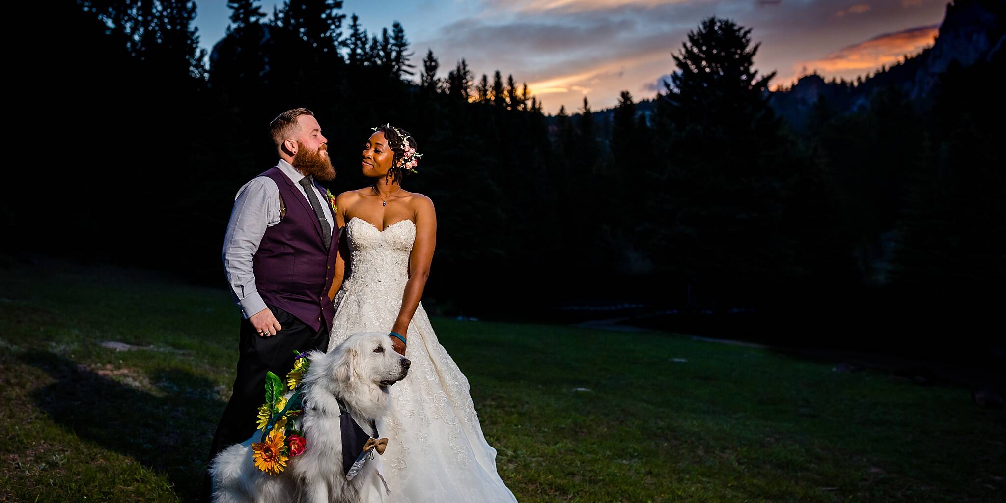 Bride, Groom and their Best Dog during a colorful Colorado Sunset. Latrice & Drew’s Mountain Wedding at Wedgewood Mountain View Ranch by Colorado Wedding Photographer, Jennifer Garza. Sunset Photos, Wedding Sunset Photos, Colorado Wedding Photographer, Colorado Wedding Photography, Colorado Mountain Wedding Photographer, Colorado Mountain Wedding, Mountain Wedding Photographer, Wedgewood Weddings, Wedgewood Weddings Mountain View Ranch, Dogs At Weddings, Wedding Dogs, Dog Wedding, Colorado Bride