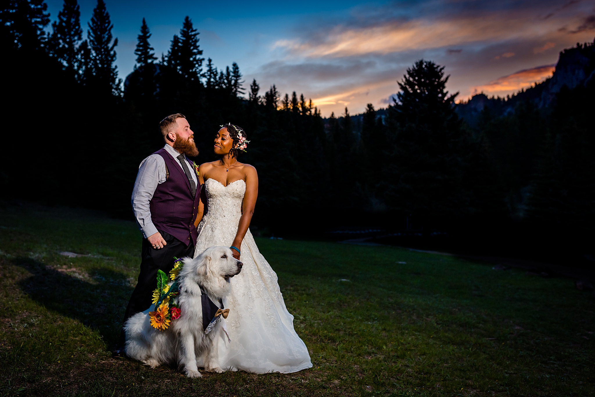 Bride, Groom and their Best Dog during a colorful Colorado Sunset. Latrice & Drew’s Mountain Wedding at Wedgewood Mountain View Ranch by Colorado Wedding Photographer, Jennifer Garza. Sunset Photos, Wedding Sunset Photos, Colorado Wedding Photographer, Colorado Wedding Photography, Colorado Mountain Wedding Photographer, Colorado Mountain Wedding, Mountain Wedding Photographer, Wedgewood Weddings, Wedgewood Weddings Mountain View Ranch, Dogs At Weddings, Wedding Dogs, Dog Wedding, Colorado Bride
