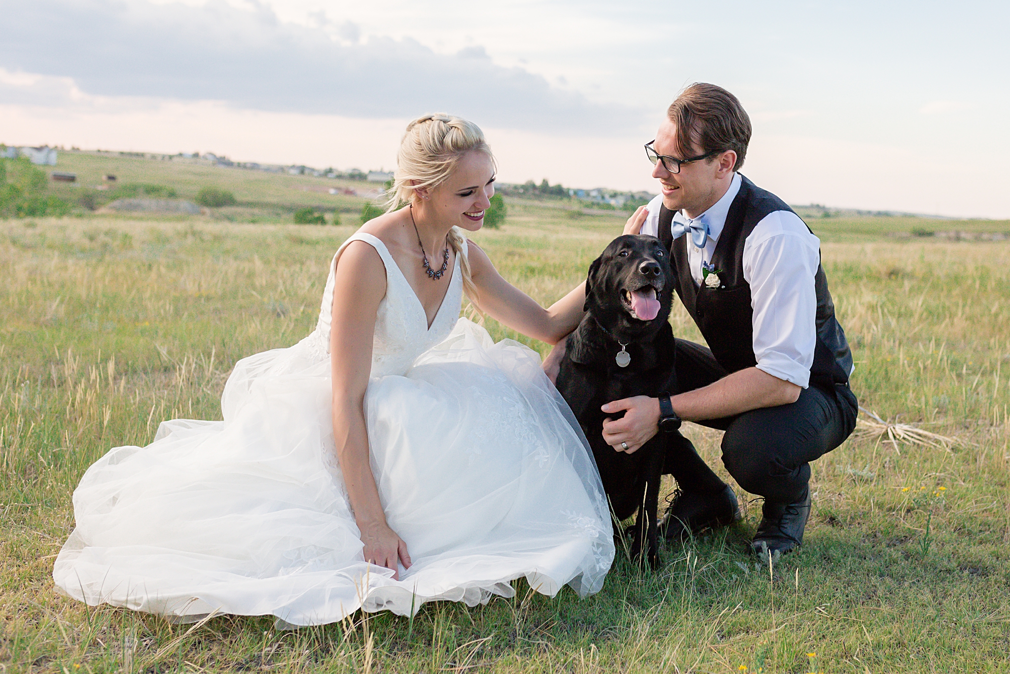 Bride and Groom with flower dog. Amy & Jonathan's backyard wedding in Castle Rock Colorado by Colorado Wedding Photographer Jennifer Garza, Small wedding ideas, Intimate wedding, Backyard Wedding, Wedding planning, Castle Rock Colorado Wedding Photographer, Castle Rock Colorado Elopement Photographer, Castle Rock Elopement Photographer, Colorado Elopement, Colorado Wedding, Elope in Colorado, Wedding Inspiration, Backyard Wedding Inspiration, Dogs At Weddings, Wedding Dogs, Colorado Bride