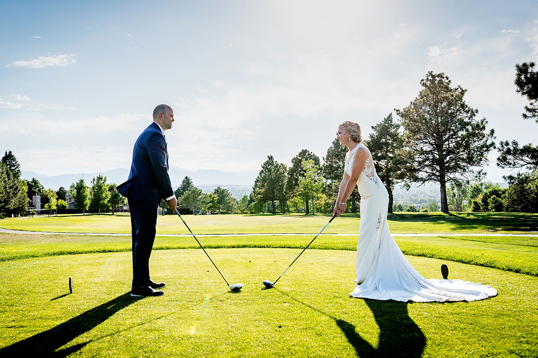 Bride and Groom swinging golf clubs together. Kelli & Jason's golf course wedding at The Ranch Country Club by Colorado Wedding Photographer Jennifer Garza, Small wedding ideas, Intimate wedding, Golf Course Wedding, Country Club Wedding, Summer Wedding, Golf Wedding, Wedding planning, Colorado Wedding Photographer, Colorado Elopement Photographer, Colorado Elopement, Colorado Wedding, Denver Wedding Photographer, Denver Wedding, Wedding Inspiration, Summer Wedding Inspiration, Covid Wedding