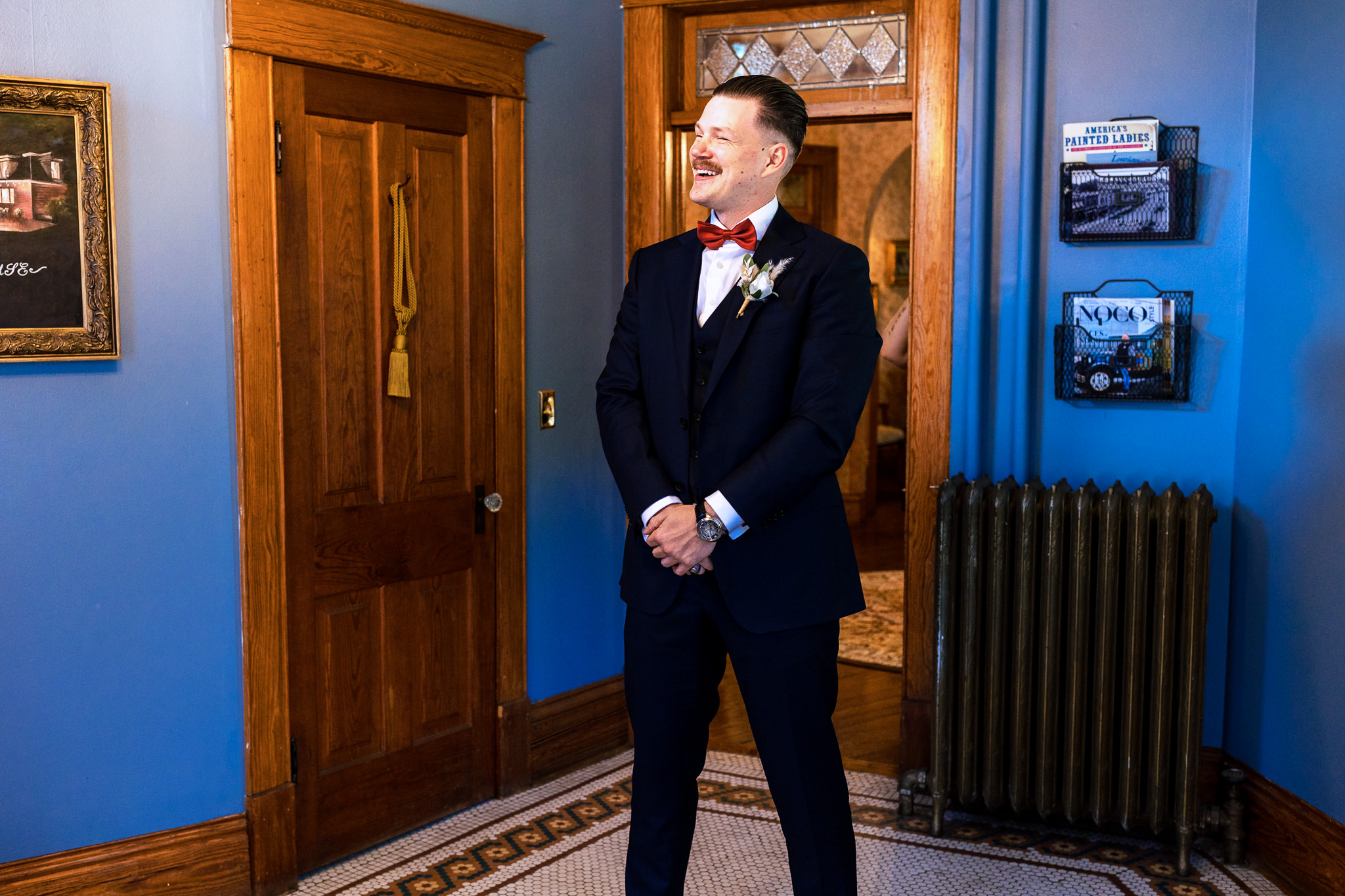 Groom seeing the bride for the first look for Haley & Gytenis' Summer Wedding at The McCreery House by Colorado Wedding Photographer, Jennifer Garza.