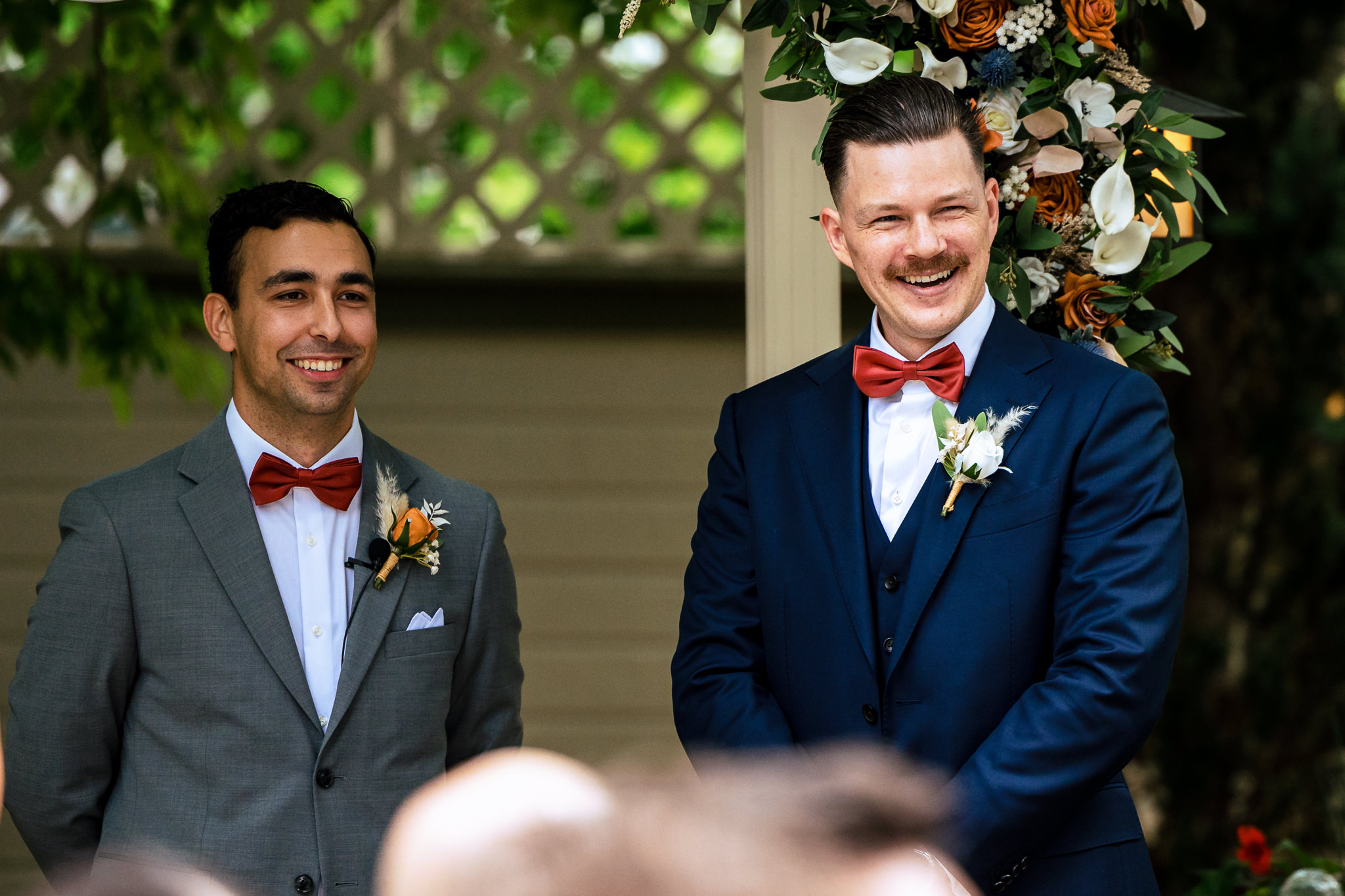 Groom reacting to seeing his Bride walking down the aisle for Haley & Gytenis' Summer Wedding at The McCreery House by Colorado Wedding Photographer, Jennifer Garza.