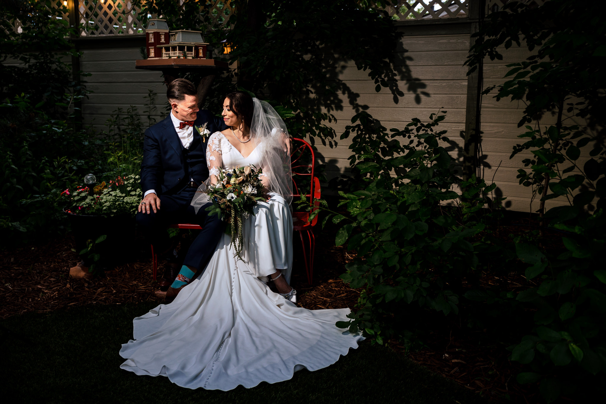 Bride & Groom portrait in the garden after their wedding ceremony for Haley & Gytenis' Summer Wedding at The McCreery House by Colorado Wedding Photographer, Jennifer Garza.