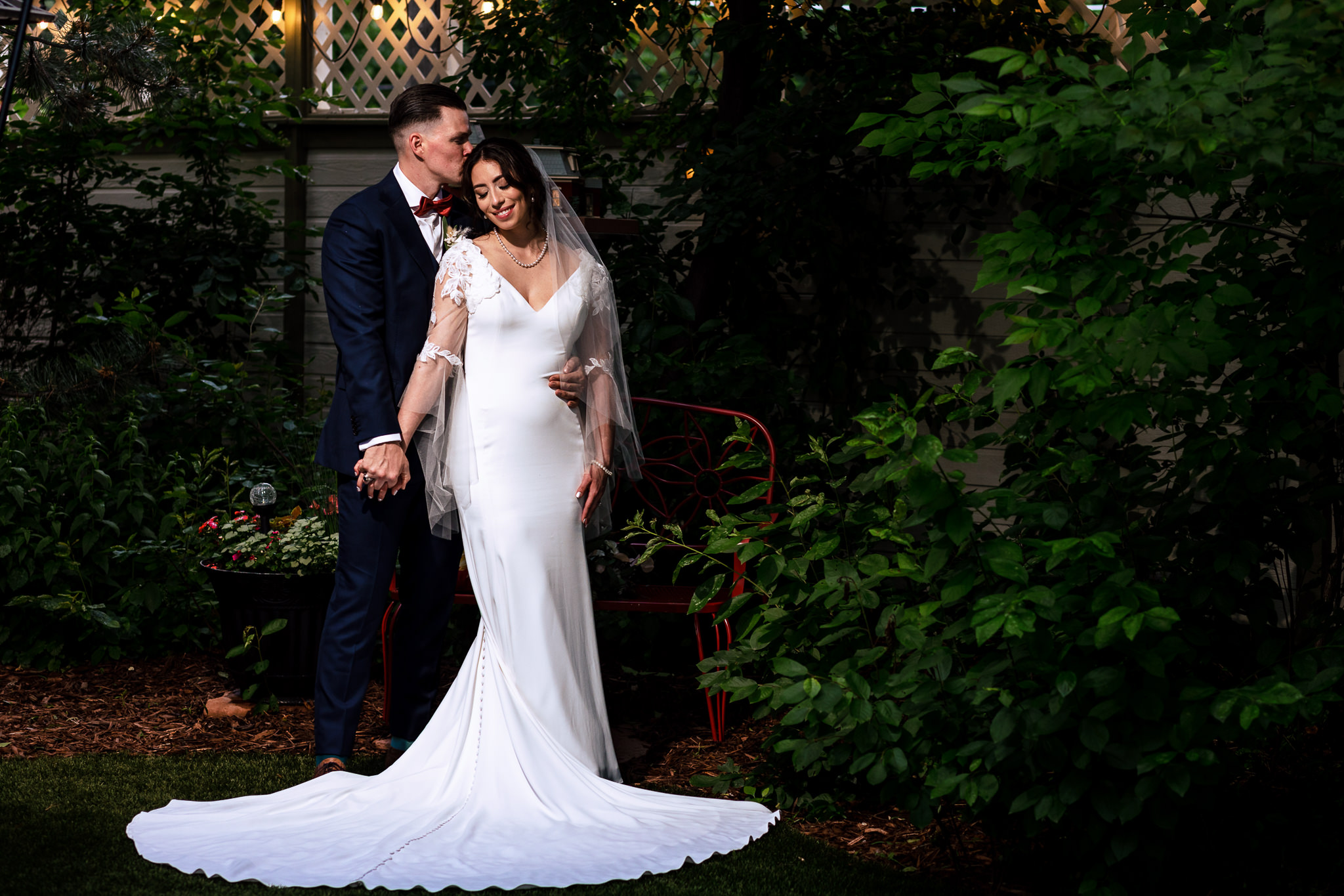 Bride & Groom portrait in the garden after their wedding ceremony for Haley & Gytenis' Summer Wedding at The McCreery House by Colorado Wedding Photographer, Jennifer Garza.